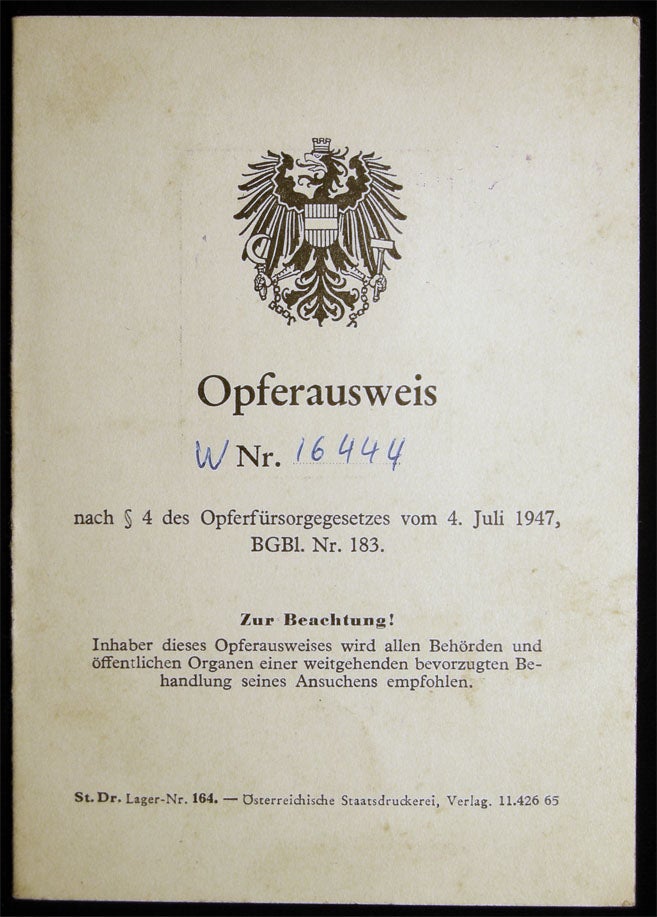 Item #028637 1968 Austrian Opferausweis Victim Welfare Act Identification Card with Photograph for a Holocaust Survivor. Austria - 20th Century - Holocaust - Identification.