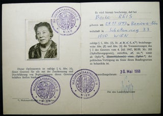 1968 Austrian Opferausweis Victim Welfare Act Identification Card with Photograph for a Holocaust Survivor
