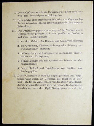 1968 Austrian Opferausweis Victim Welfare Act Identification Card with Photograph for a Holocaust Survivor