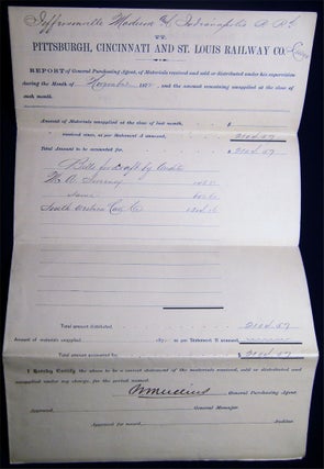 1872 Jeffersonville Madison and Indianapolis RRd (and) Pittsburgh, Cincinnati and St. Louis Railway Co. Lessee Report of General Purchasing Agent, of Materials Received and Sold or Distributed Under His Supervision During the Month of November 1872....