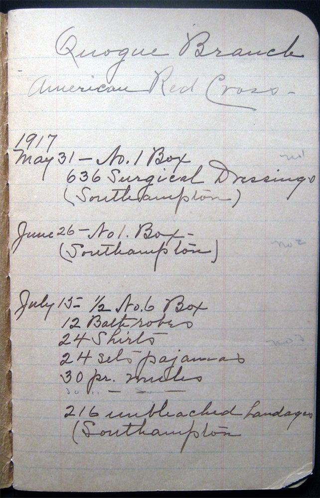 Item #028663 1917 - 1919 Detailed Manuscript Memorandum Record Book of the Quogue Branch American Red Cross. Americana - 20th Century - Quogue Long Island - American Red Cross - WWI.