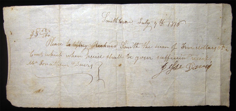 Item #028664 1816 Smithtown Long Island New York Receipt of Payment for Richard Smith from Jonathan and Jesse Davis. Americana - 19th Century - Manuscript - Smithtown Long Island.