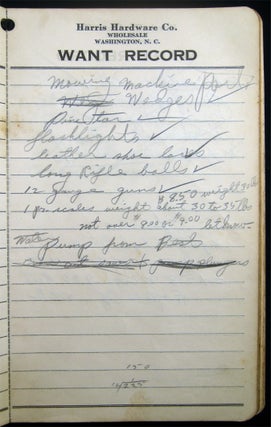 Circa 1945 Handwritten Harris Hardware Co. Wholesale Washington, North Carolina Want Record