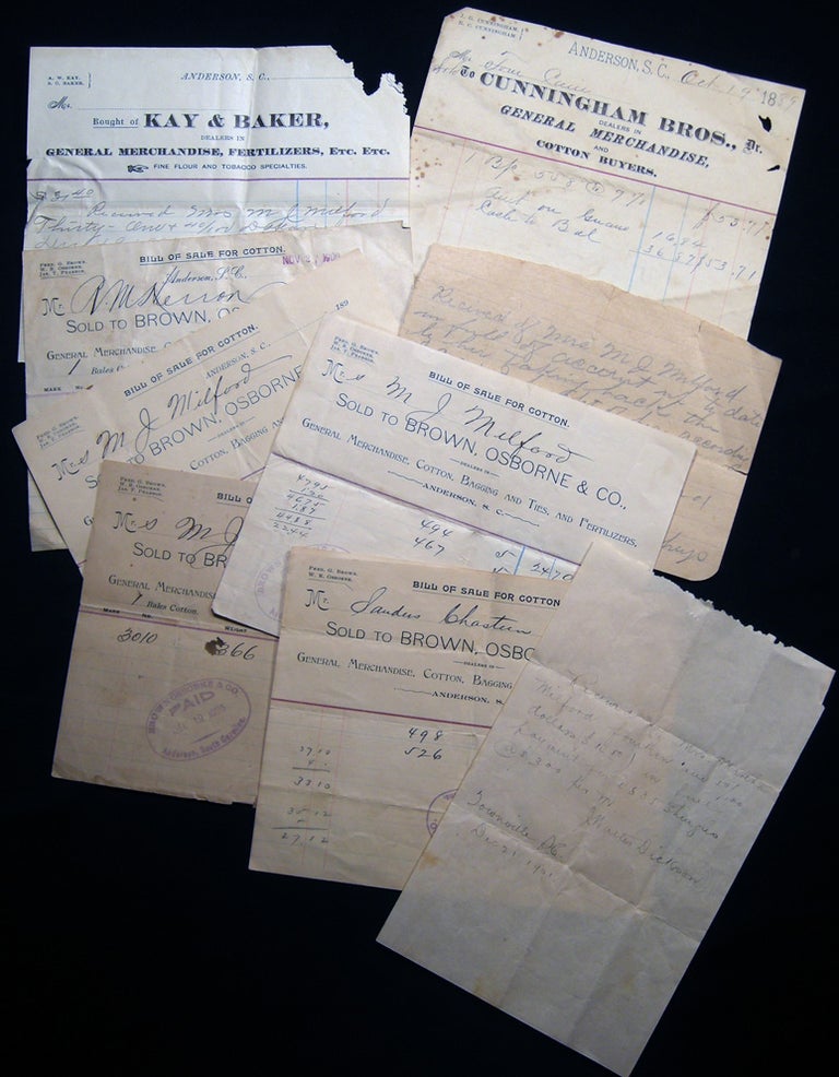Item #028690 1889 - 1901 Business Receipts & Bills of Sale for Cotton, General Merchandise and Livestock in Anderson, South Carolina. Americana - 19th, 20th Century - Business History - Anderson South Carolina.