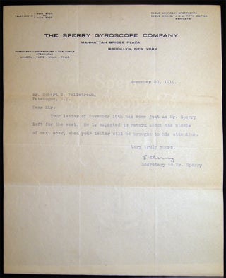 Item #028693 1919 Typed Letter Signed By G. Charny, Secretary to Elmer A. Sperry on the...