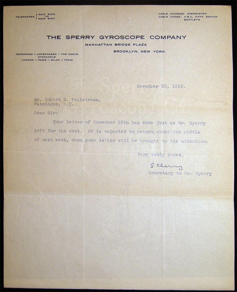 Item #028693 1919 Typed Letter Signed By G. Charny, Secretary to Elmer A. Sperry on the Letterhead of The Sperry Gyroscope Company Manhattan Bridge Plaza Brooklyn, N.Y. Written to Robert S. Pelletreau Patchogue, N.Y. Americana - 20th Century - Inventors - Sperry Gyroscope Company.
