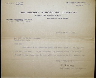 1919 Typed Letter Signed By G. Charny, Secretary to Elmer A. Sperry on the Letterhead of The Sperry Gyroscope Company Manhattan Bridge Plaza Brooklyn, N.Y. Written to Robert S. Pelletreau Patchogue, N.Y.
