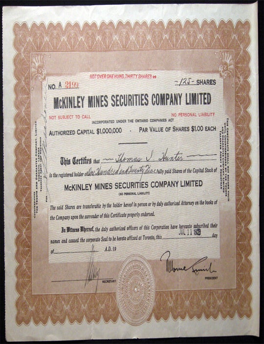Item #028769 1928 McKinley Mines Securities Company Limited Stock Certificate. Canada - 20th Century - Business History - Mining - Scripophily - McKinley Mines.
