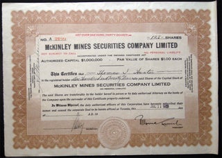 Item #028769 1928 McKinley Mines Securities Company Limited Stock Certificate. Canada - 20th...