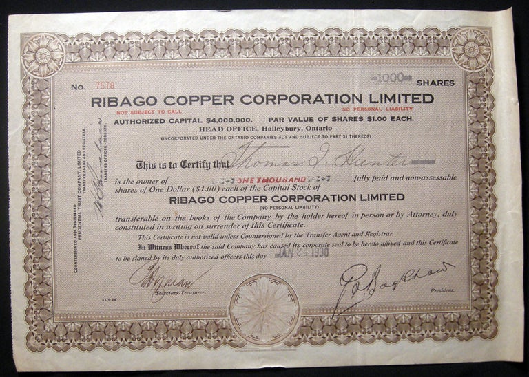 Item #028770 1930 Ribago Copper Corporation Limited Stock Certificate. Canada - 20th Century - Business History - Mining - Scripophily - Ribago Copper Corporation Limited.
