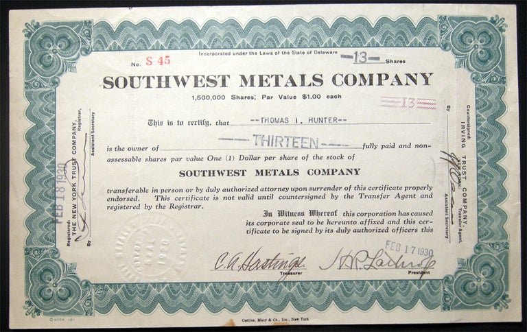 Item #028772 1930 Southwest Metals Company Stock Certificate. Americana - 20th Century - Business History - Mining - Scripophily - Southwest Metals Company.