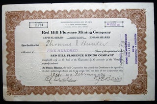 Item #028775 1930 Red Hill Florence Mining Company Stock Certificate. Americana - 20th Century -...