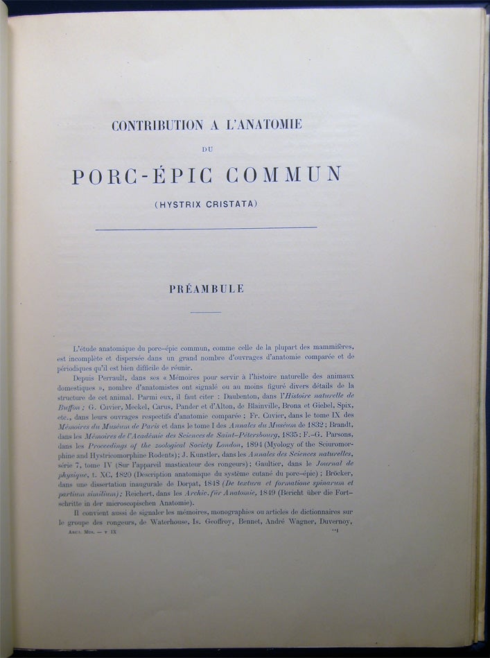 Item #028856 Contribution a L'anatomie Du Porc-Epic Commun (Hystrix Cristata). F.-X Lesbre.