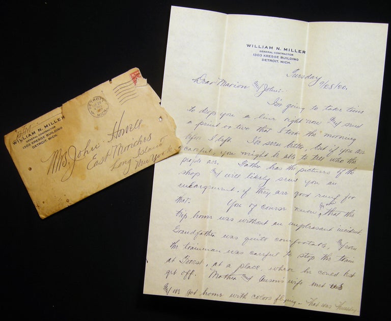 Item #028902 1920 Letter from Raynor Miller on Letterhead of William N. Miller General Contractor 1303 Kresge Building Detroit Michigan to Mrs. John Howell East Moriches Long Island New York with Family News. Americana - 20th Century - Correspondence.