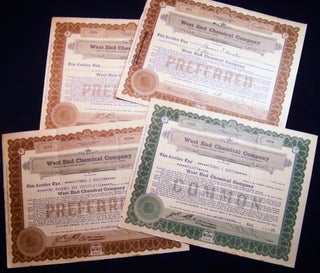Item #029084 Four West End Chemical Company Stock Certificates 1923 - 1926. Americana - 20th...