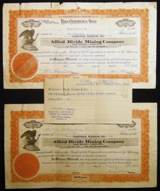 Item #029086 Two Allied Divide Mining Company Stock Certificates 1917 - 1919. Americana - 20th...