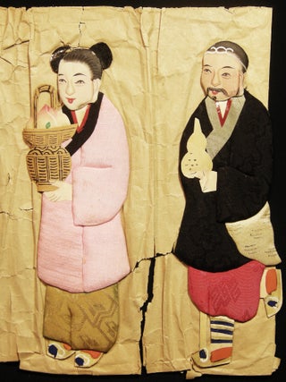 Four Hand-painted Three-Dimensional Chinese Play Figurines, Representing Classic Chinese Characters Hand-Sewn with Patterned Brocade and Silk Fabric Scraps and Cardstock