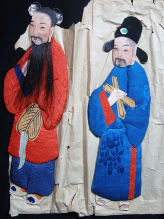 Four Hand-painted Three-Dimensional Chinese Play Figurines, Representing Classic Chinese Characters Hand-Sewn with Patterned Brocade and Silk Fabric Scraps and Cardstock