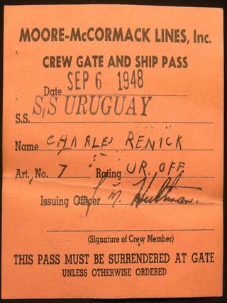 Port of New York Moore-McCormack Lines, Inc. Crew Gate and Ship Pass Sep 6 1948 S.S. Uruguay. Americana - 20th Century -.