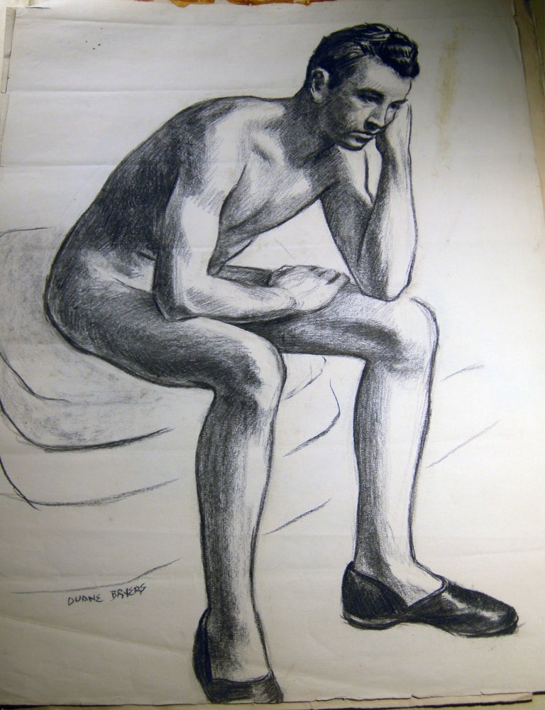 Item #029605 Circa 1950 Two Original Charcoal on Paper Male Nude Figure Studies Signed by Duane Bryers. Americana - 20th Century - Art - Duane Bryers.