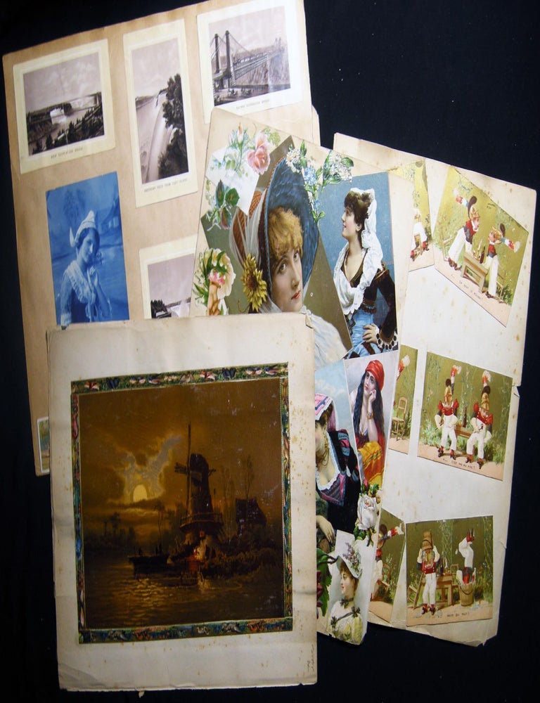Item #029815 Circa 1890 Printed & Chromolithograph Color Trade Cards, Die-cuts and Variety & Artfully Arranged Ephemera on Scrap Album Pages. Americana - 19th Century - Printing History - Chromolithography.