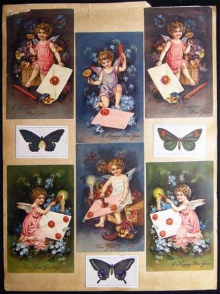 Circa 1890 Printed & Chromolithograph Color Trade Cards, Die-cuts and Variety & Artfully Arranged Ephemera on Scrap Album Pages