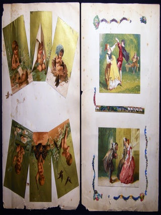 Circa 1890 Printed & Chromolithograph Color Trade Cards, Die-cuts and Variety & Artfully Arranged Ephemera on Scrap Album Pages