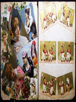 Circa 1890 Printed & Chromolithograph Color Trade Cards, Die-cuts and Variety & Artfully Arranged Ephemera on Scrap Album Pages
