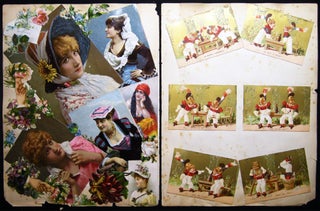 Circa 1890 Printed & Chromolithograph Color Trade Cards, Die-cuts and Variety & Artfully Arranged Ephemera on Scrap Album Pages