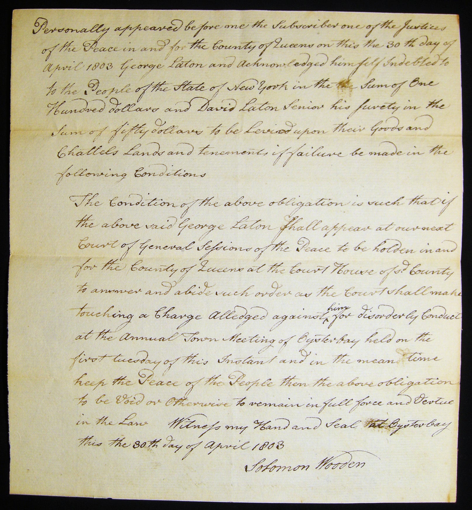 1803 Manuscript Recognizance Document Signed By Solomon Wooden, Justice ...