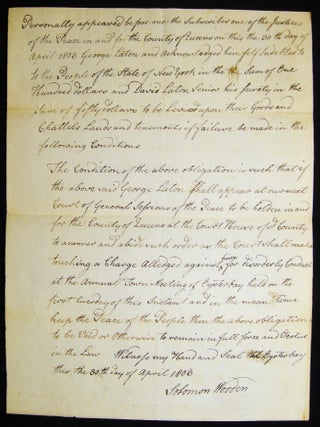 1803 Manuscript Recognizance Document Signed By Solomon Wooden, Justice of the Peace, Queens. Americana - 19th Century -.