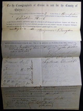 1862 Town of Hempstead Tavern License Document Signed By Benjamin D. Langdon with Attached Signed. Americana - 19th Century -.