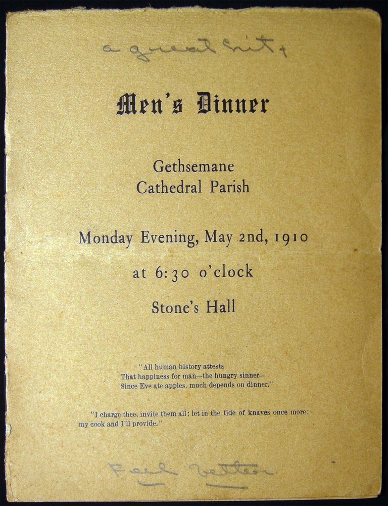 Item #029977 Men's Dinner Gethsemane Cathedral Parish Monday Evening, May 2nd, 1910 at 6:30 O'clock Stone's Hall. Americana - 20th Century - Menu - Fargo - North Dakota.