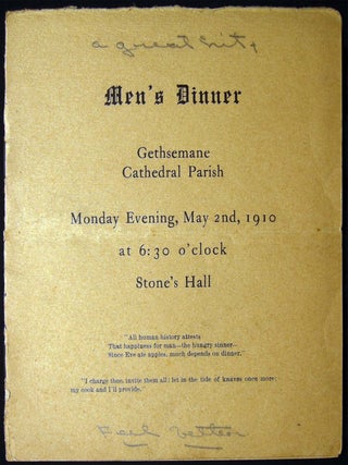 Men's Dinner Gethsemane Cathedral Parish Monday Evening, May 2nd, 1910 at 6:30 O'clock. Americana - 20th Century -.