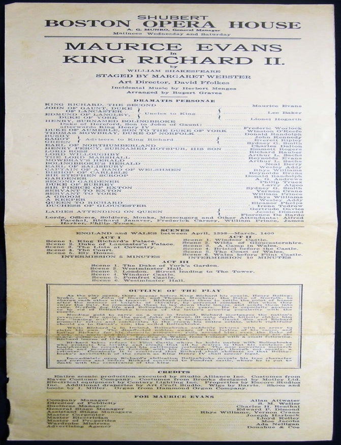 Item #029982 Shubert Boston Opera House A.G. Munro, General Manager Matinees Wednesday and Saturday Maurice Evans in King Richard II. By William Shakespeare Staged By Margaret Webster. Americana - 20th Century - Theater History - Shubert Boston Opera House.