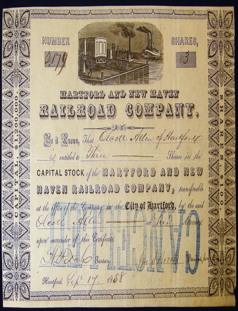 Item #030099 1858 Hartford and New Haven Railroad Company Capital Stock Certificate. Americana - 19th Century - Transportation - Hartford, New Haven Railroad.