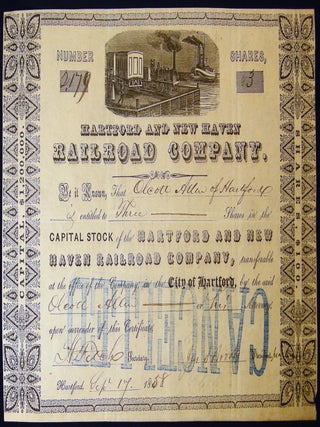 1858 Hartford and New Haven Railroad Company Capital Stock Certificate. Americana - 19th Century -.