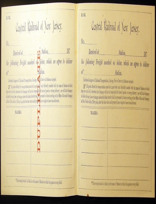 Item #030103 1870 Central Railroad of New Jersey Unused Freight Delivery Form and Duplicate. Americana - 19th Century - Transportation - Central Railroad of New Jersey.
