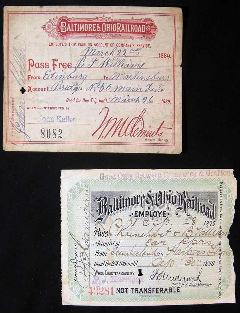 Item #030105 1889 & 1899 Baltimore & Ohio Railroad Employee's Trip Passes. Americana - 19th Century - Transportation - Baltimore, Ohio Railroad.