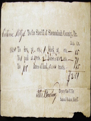 1824 Manuscript Receipt for Taxation on Slave, Horses and Land Shenandoah County Virginia. Americana - 19th Century -.