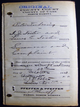 Item #030118 1913 County Court County of Cass North Dakota Summons and Complaint Document....