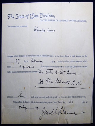 Item #030119 1912 State of West Virginia Sheriff of Jefferson County Court Summons for Court...