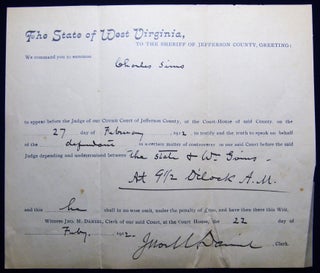 Item #030119 1912 State of West Virginia Sheriff of Jefferson County Court Summons for Court...