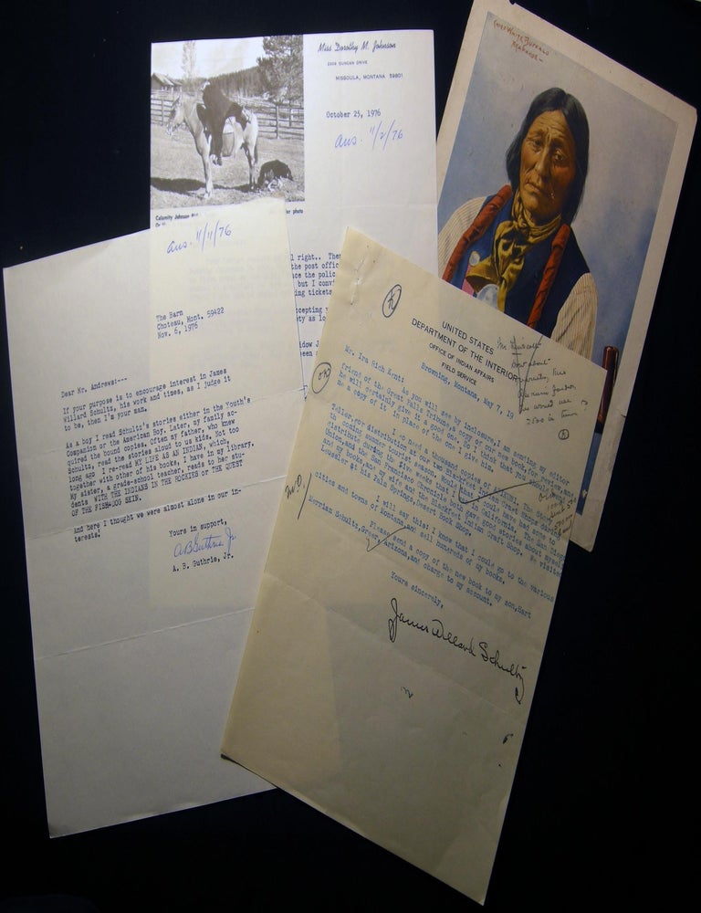 Item #030123 James Willard Schultz (1859 - 1947) Typed Letter Signed Sent to Ira Rich Kent His Editor at Houghton Mifflin (with) a 1976 TLS By A.B. Guthrie Jr. And Another By Miss Dorothy M. Johnson of Missoula Montana; Both With Personal Content on J.W. Schultz. Americana - 20th Century - James Willard Schultz.