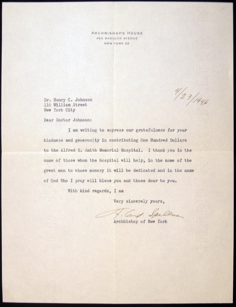 Item #030137 1946 Typed Letter Signed By Cardinal Spellman Archbishop of New York. Americana - 20th Century - Catholicism - Cardinal Spellman.