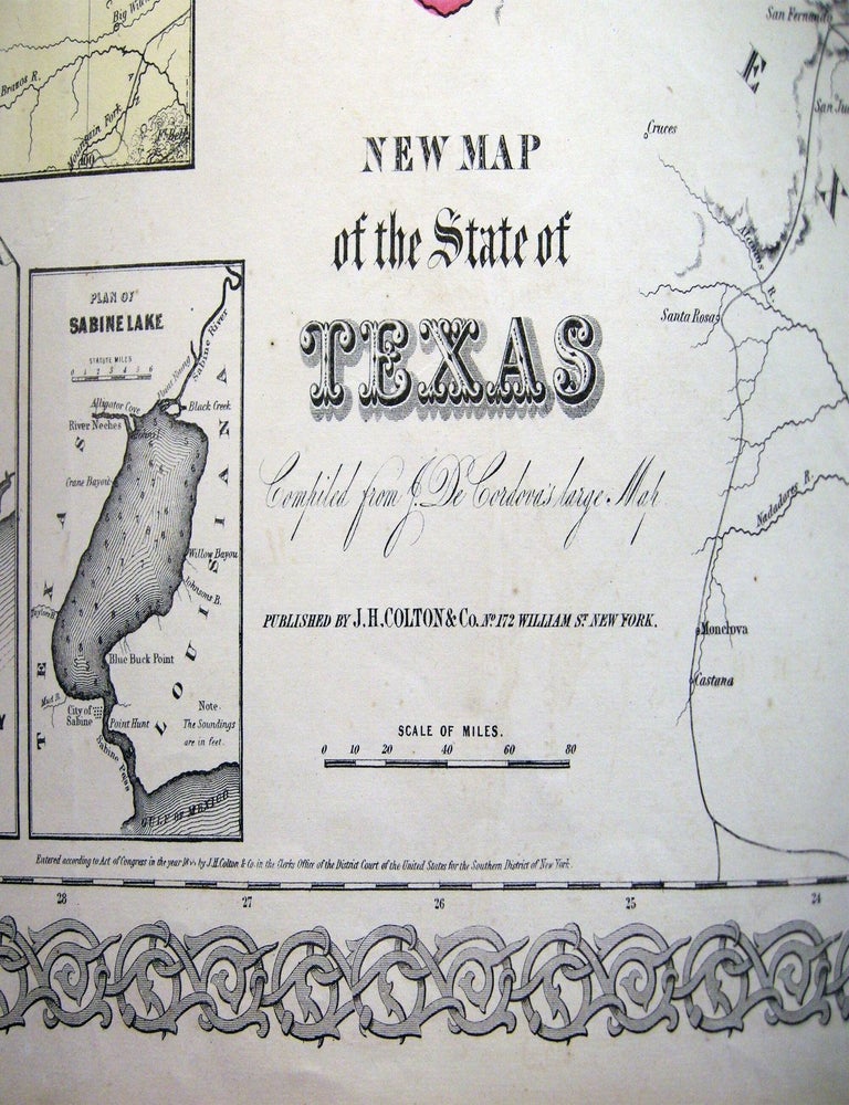Item #030145 New Map of the State of Texas Compiled from J. De Cordova's Large Map. Americana - 19th Century - Cartography - Map of Texas.