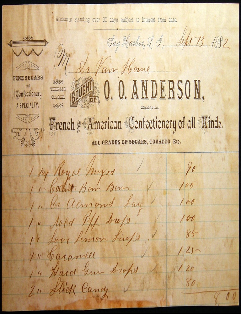 Item #030312 1882 Sag Harbor Long Island New York O.O. Anderson French and American Confectionary Billing for Candies Sold to Dr. Van Horne. Americana - 19th Century - Business History - Sag Harbor - O. O. Anderson.