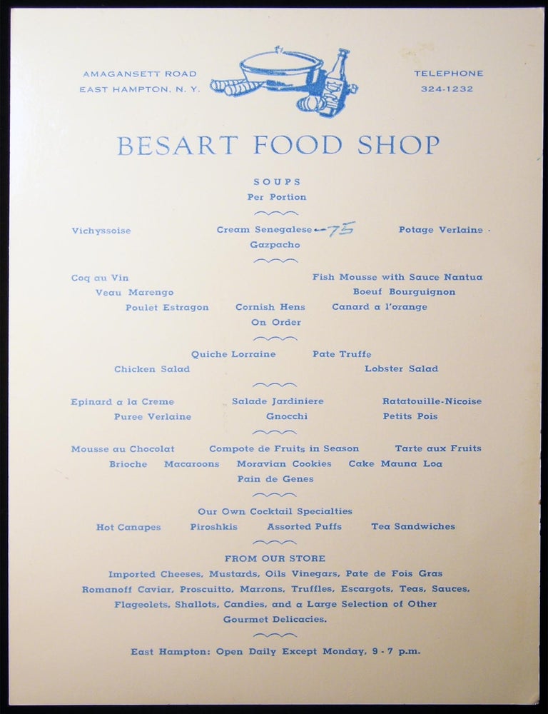 Item #030317 Circa 1975 Menu for Besart Food Shop Amagansett Road East Hampton, N.Y. Americana - 20th Century - Menu - East Hampton - Besart Food Shop.