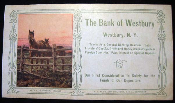 Item #10512 The Bank of Westbury N.Y. Blotter with Color Illustration By Carl Kahler. Bank of Westbury.