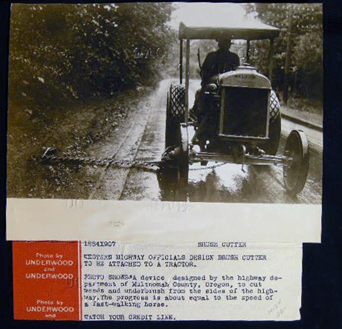 Item #14184 Photograph of C 1920s Brush Cutter Designed By Highway Department of Mutnomah County Oregon. Brush Cutter.